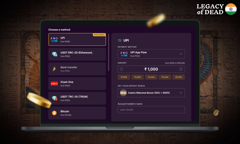 In order to play Legacy of Dead in India for real money - players can deposit and withdraw winnings using various payment methods